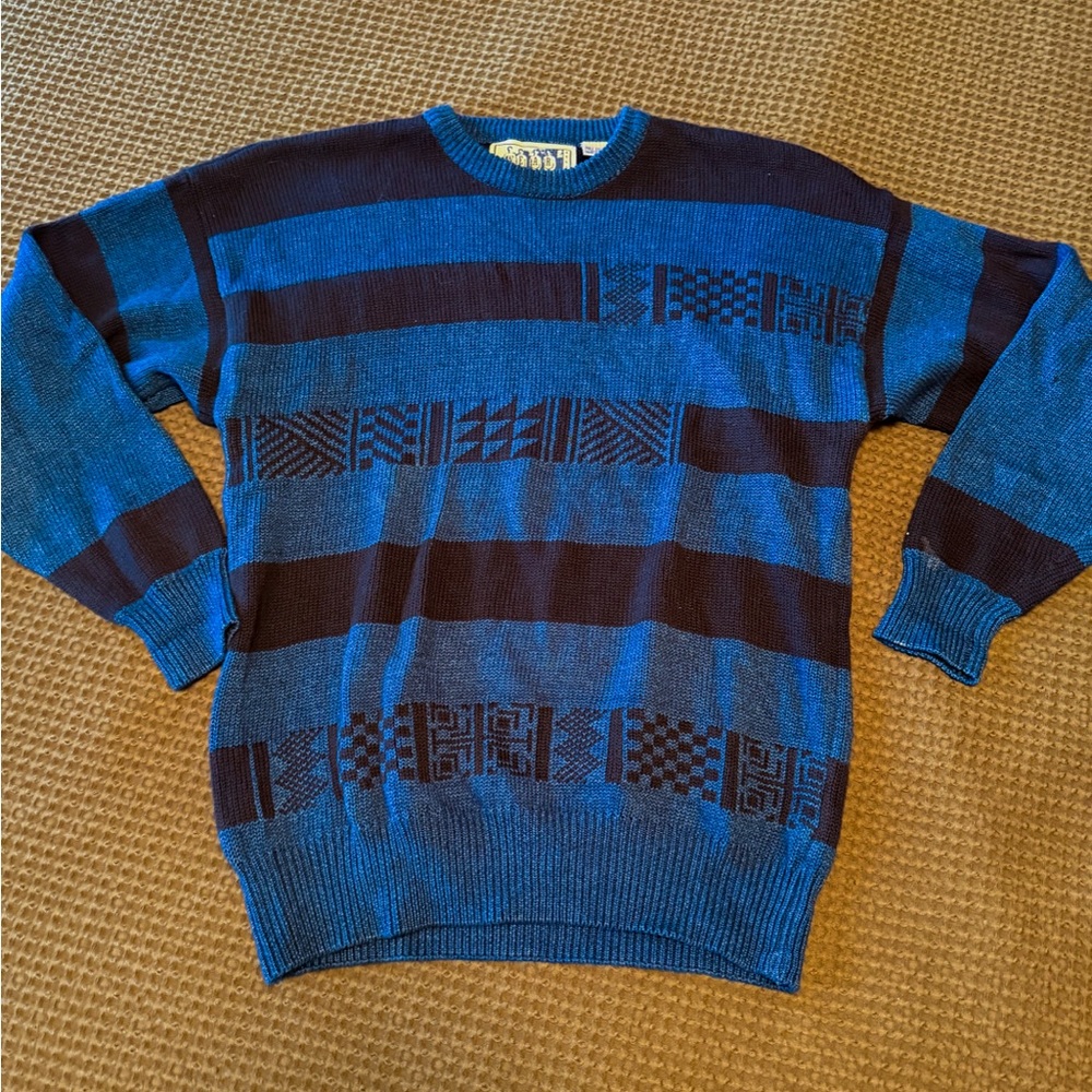 Blue and Black Patterned Men's Vintage Claiborne Sweater